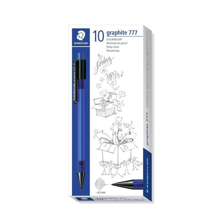 Earlier Staedtler graphite 777 box design printed 10, with a blue mechanical pencil on the front and doodled gift box artwork