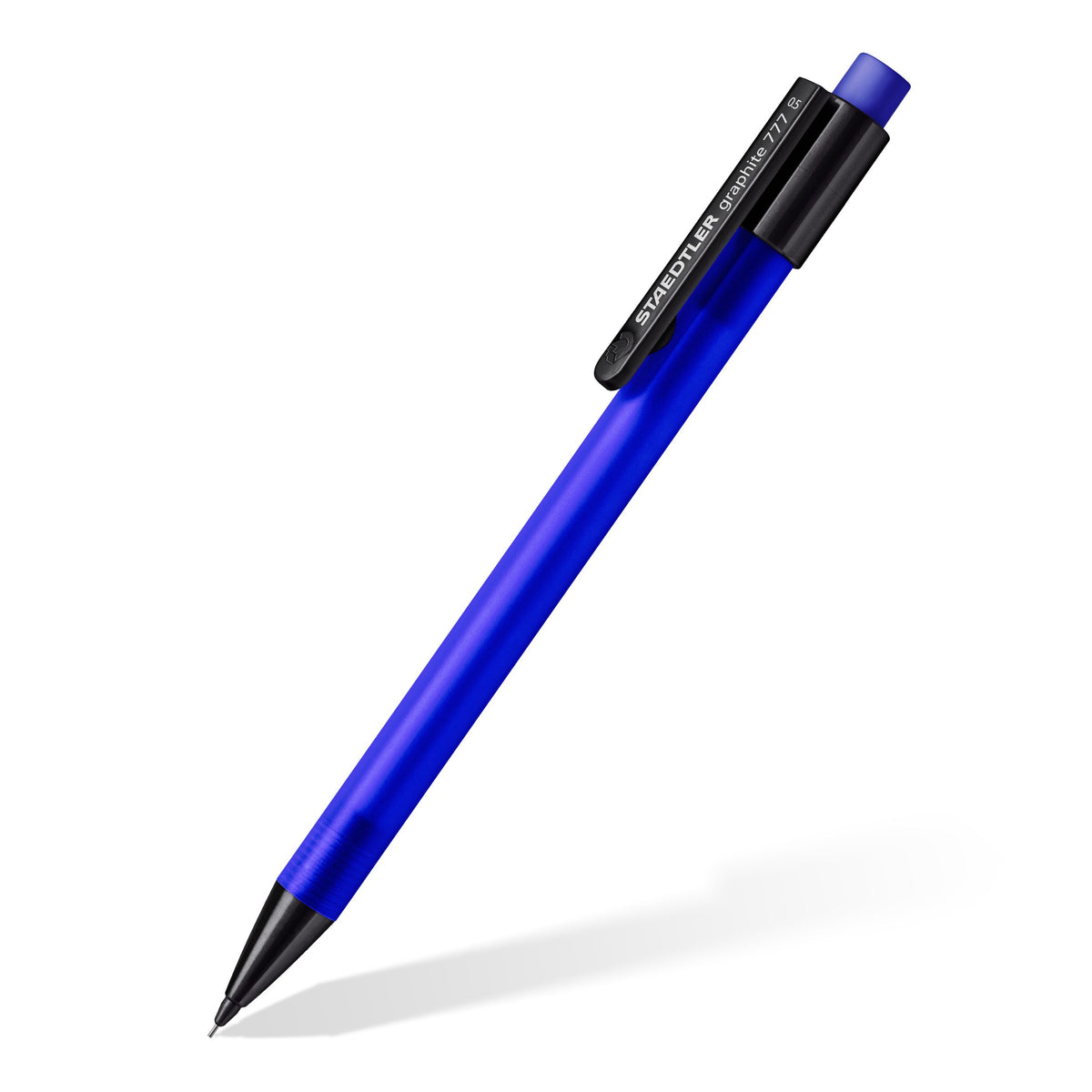 Single Staedtler graphite 777 mechanical pencil, frosted blue barrel with black clip, black tip cone and blue end cap