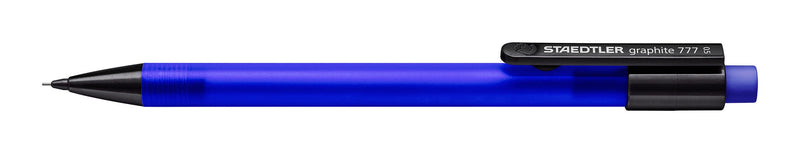 Side view of the blue graphite 777 05-3 pencil showing the black clip printed STAEDTLER graphite 777
