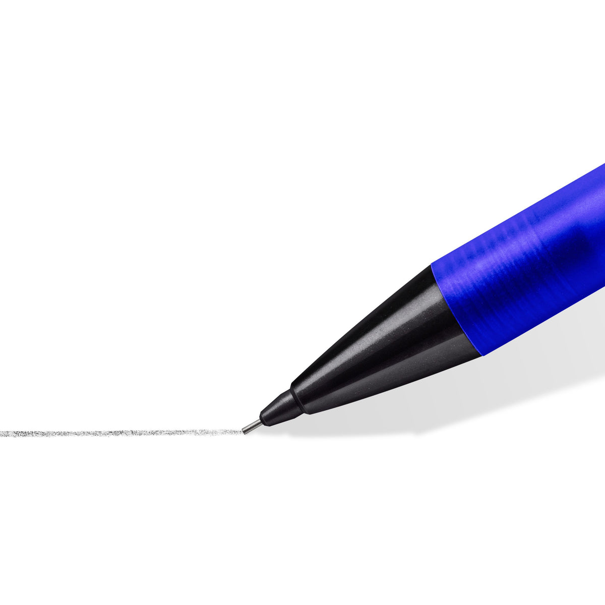 Close-up of the black tip cone of a blue graphite 777 pencil drawing a fine grey line