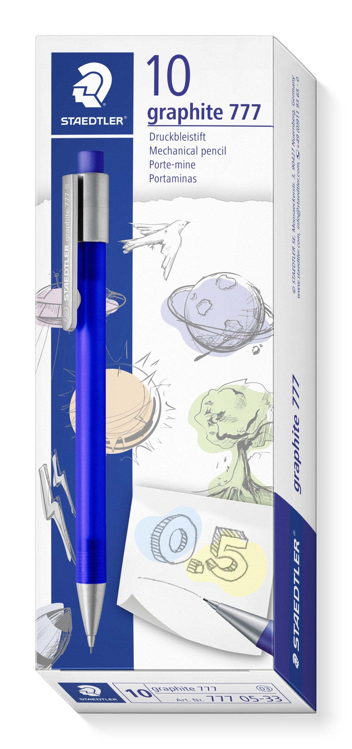 Current Staedtler graphite 777 box printed 10, cobalt blue pencil with silver clip shown on the front panel