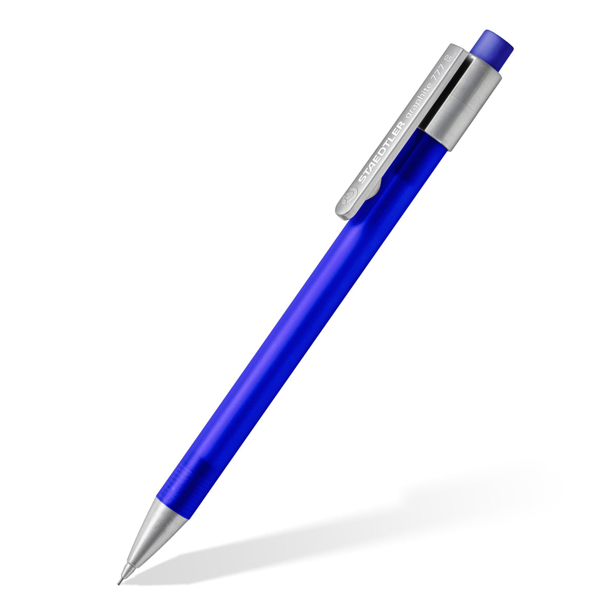 One cobalt blue graphite 777 mechanical pencil at an angle, frosted barrel, silver clip and silver tip cone