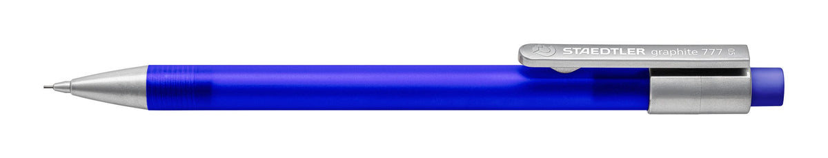 Side view of the cobalt blue Staedtler graphite 777 05-33 with the silver clip and push cap