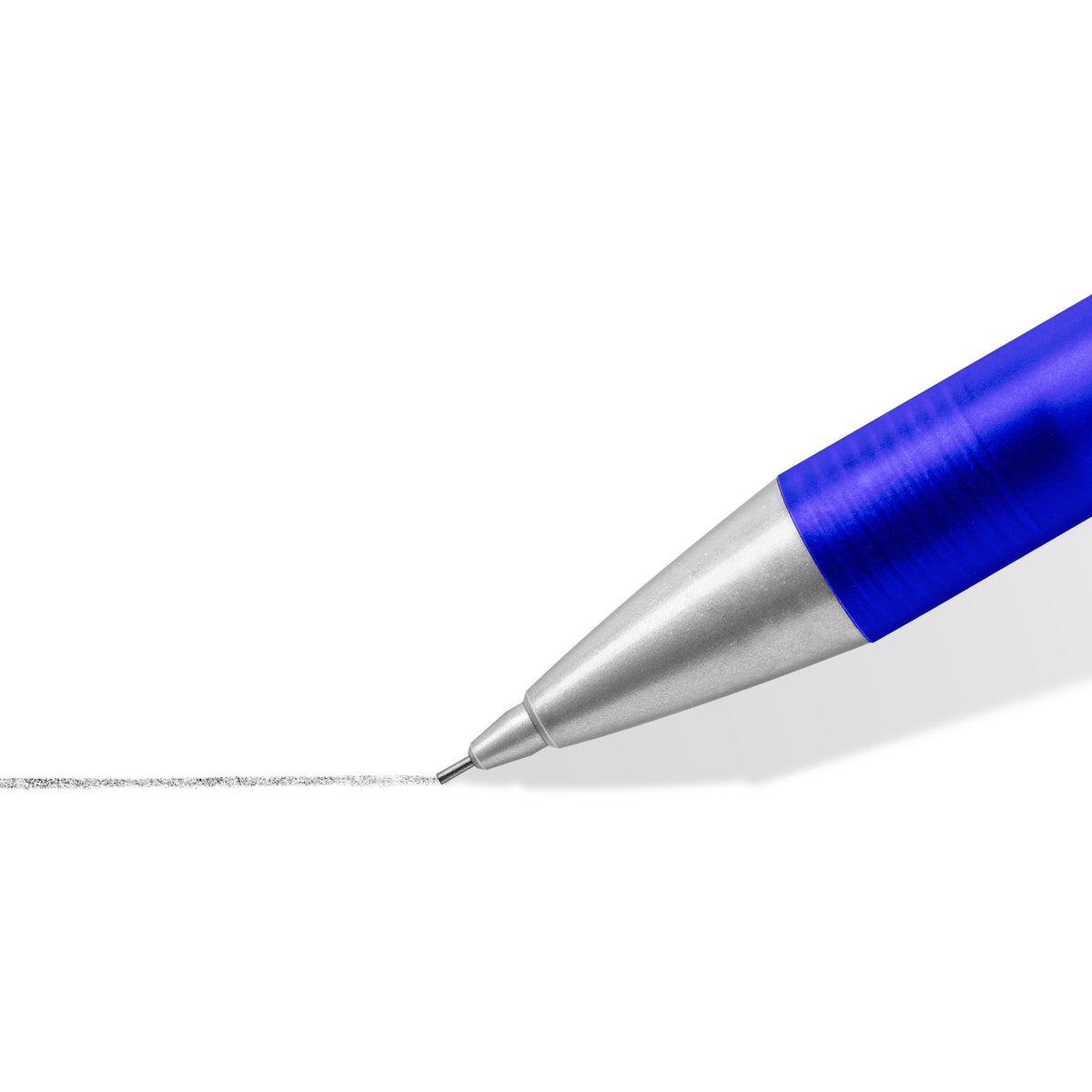 Close-up of the silver tip cone of a cobalt blue graphite 777 pencil drawing a thin line