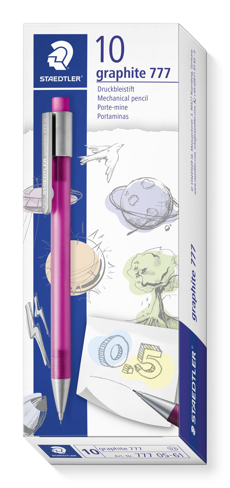Current Staedtler graphite 777 box printed 10, a dark mauve pencil with silver clip on the front panel