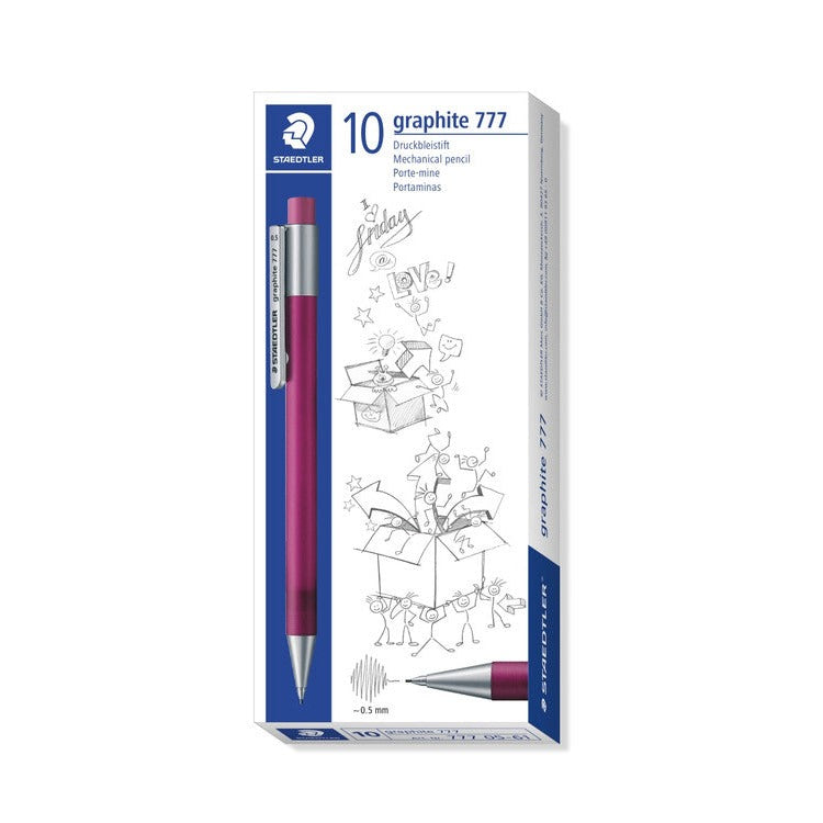 Earlier graphite 777 box printed 10 showing a dark mauve pencil and doodled artwork on the front