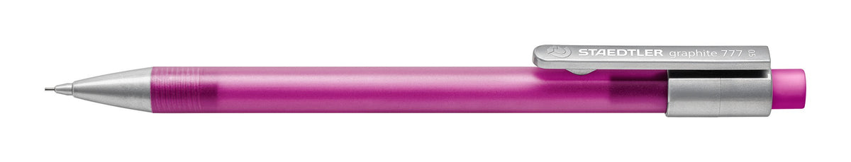 Side view of the dark mauve graphite 777 05-61 mechanical pencil, frosted pink-purple barrel with silver clip