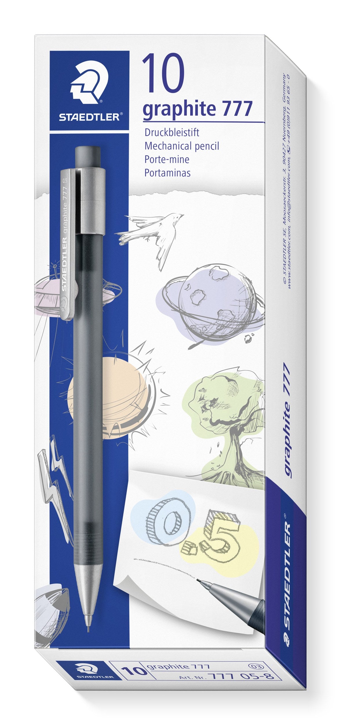 Current Staedtler graphite 777 box printed 10 with a grey mechanical pencil on the blue front panel