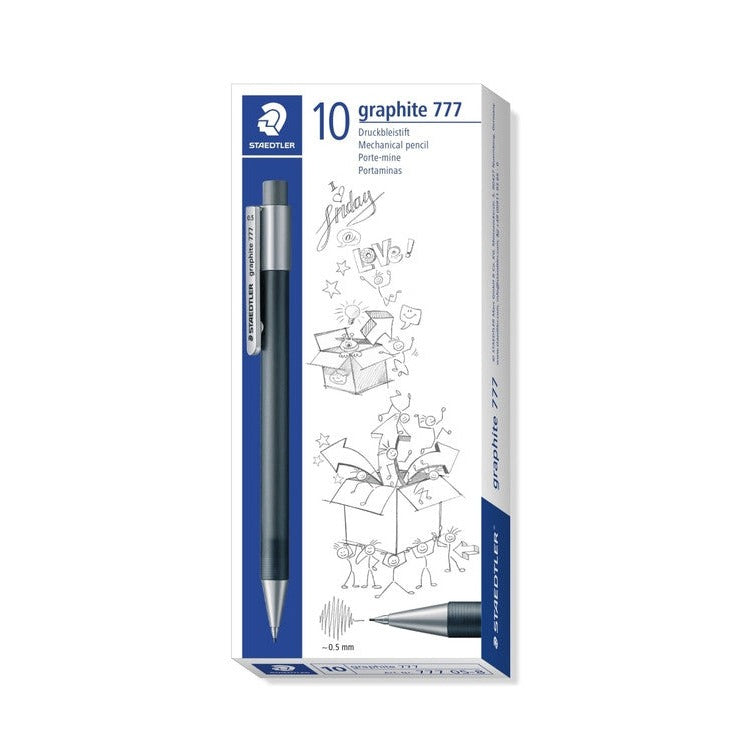 Earlier graphite 777 box design printed 10 showing a grey pencil with doodled gift box artwork