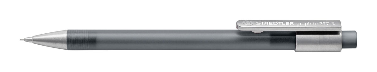 Side view of a grey Staedtler graphite 777 05-8 mechanical pencil with silver clip and tip