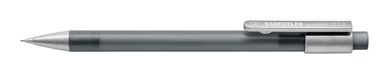 Side view of a grey Staedtler graphite 777 05-8 mechanical pencil with silver clip and tip