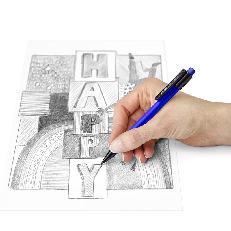 Range in-use photo showing a hand with a blue graphite 777 pencil shading letters, used to show the grip
