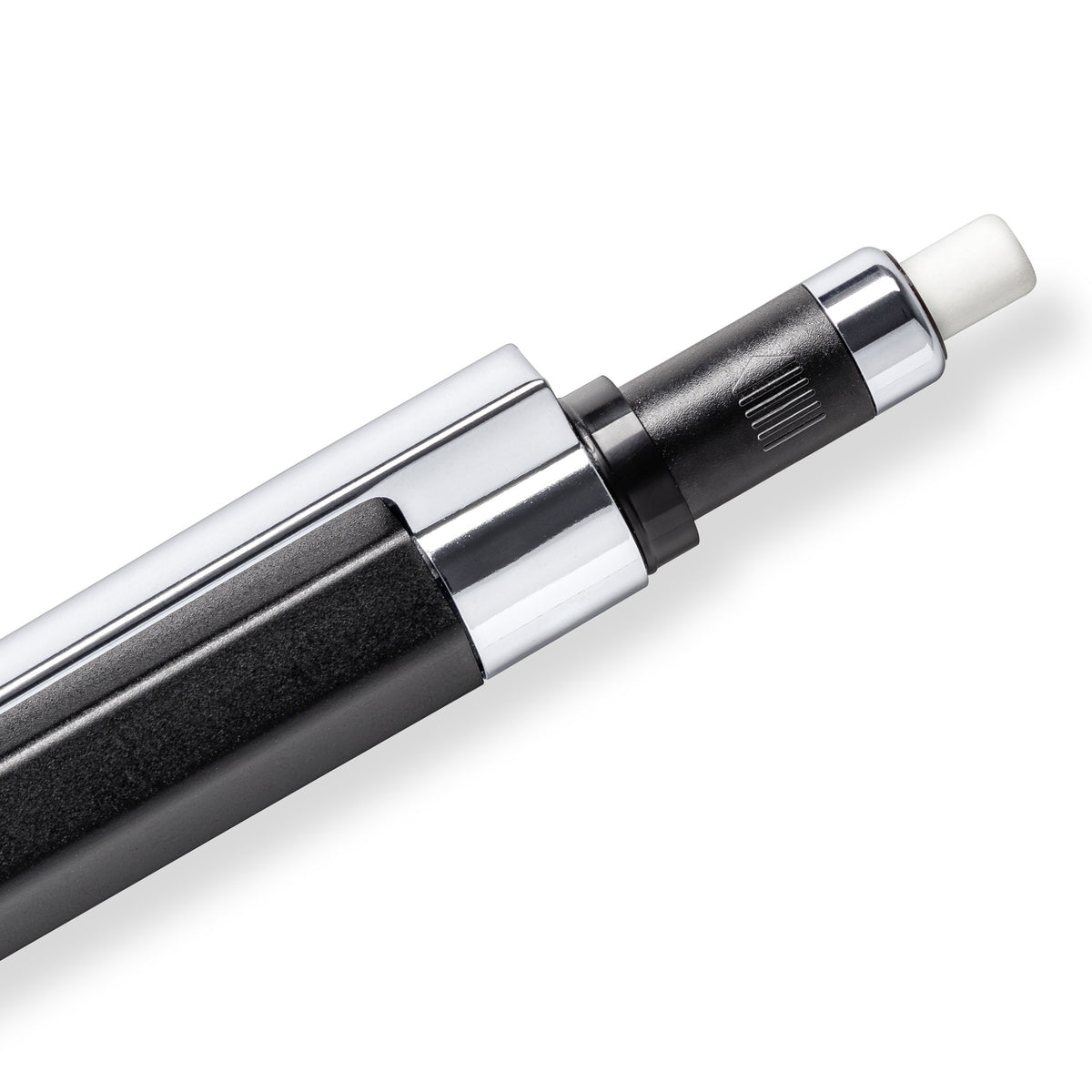 Close-up of the pusher end with the white rotary eraser wound out of the black graphite 778