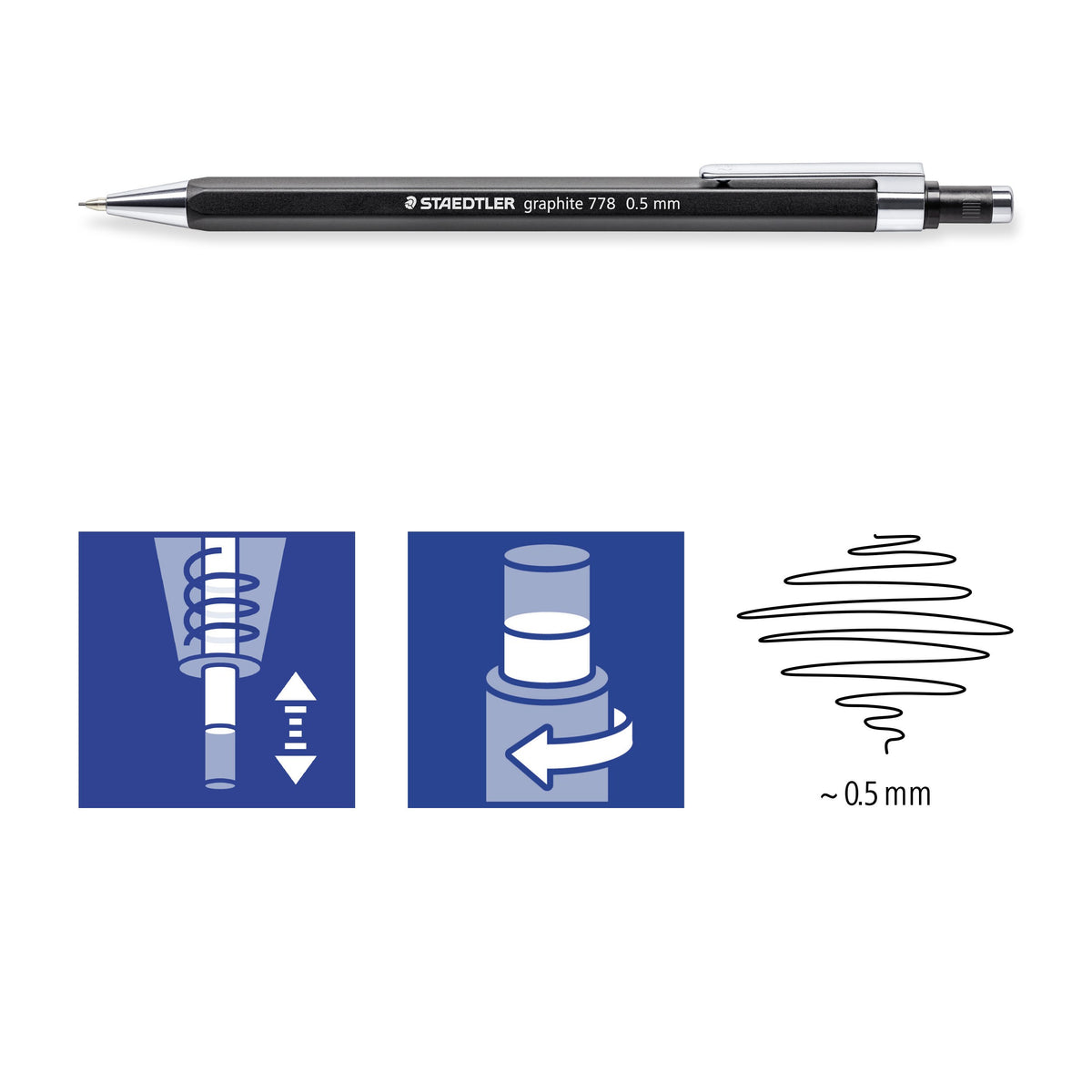 Staedtler pictograms for the cushioned lead and twist eraser beside a 0.5 mm scribble and a side view of the pencil