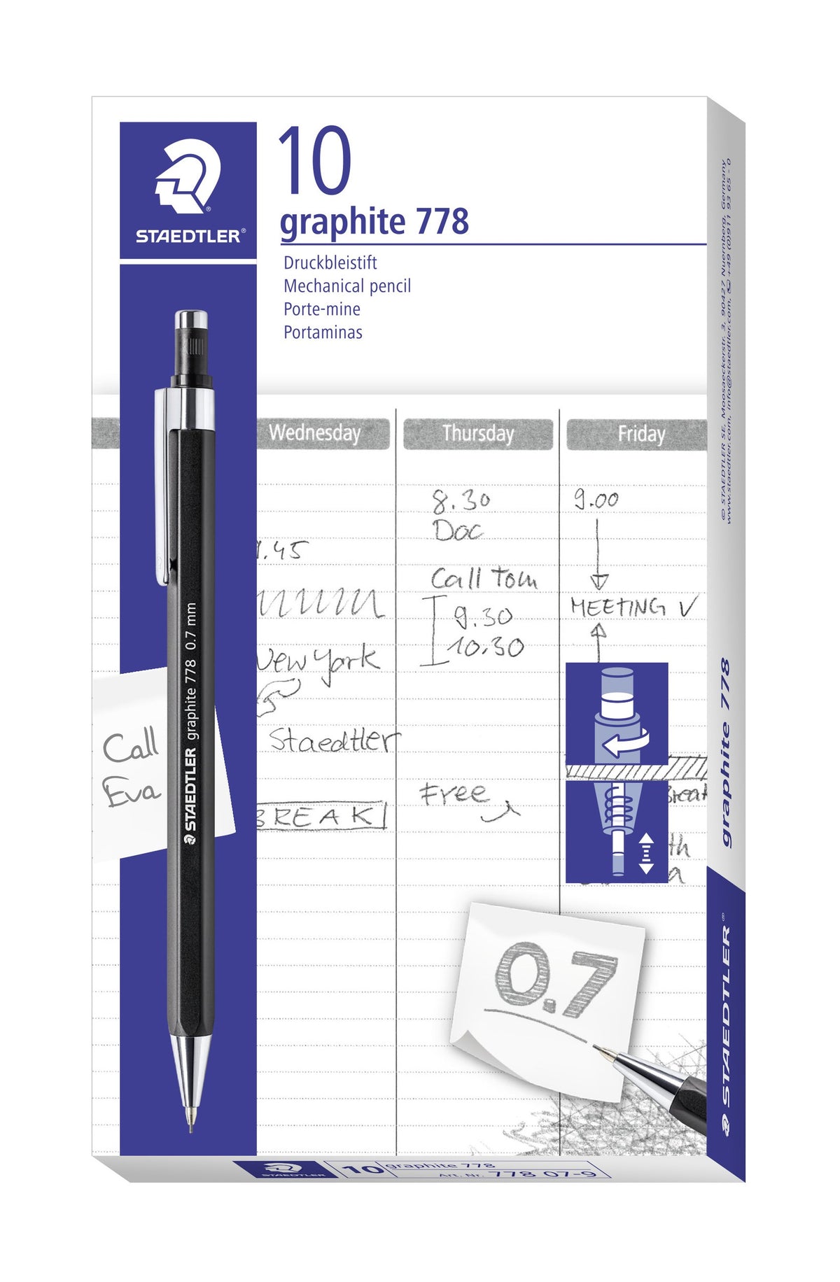 Staedtler graphite 778 box printed 10, Mechanical pencil and 0.7 on a note card, with a black pencil pictured over a weekly planner page