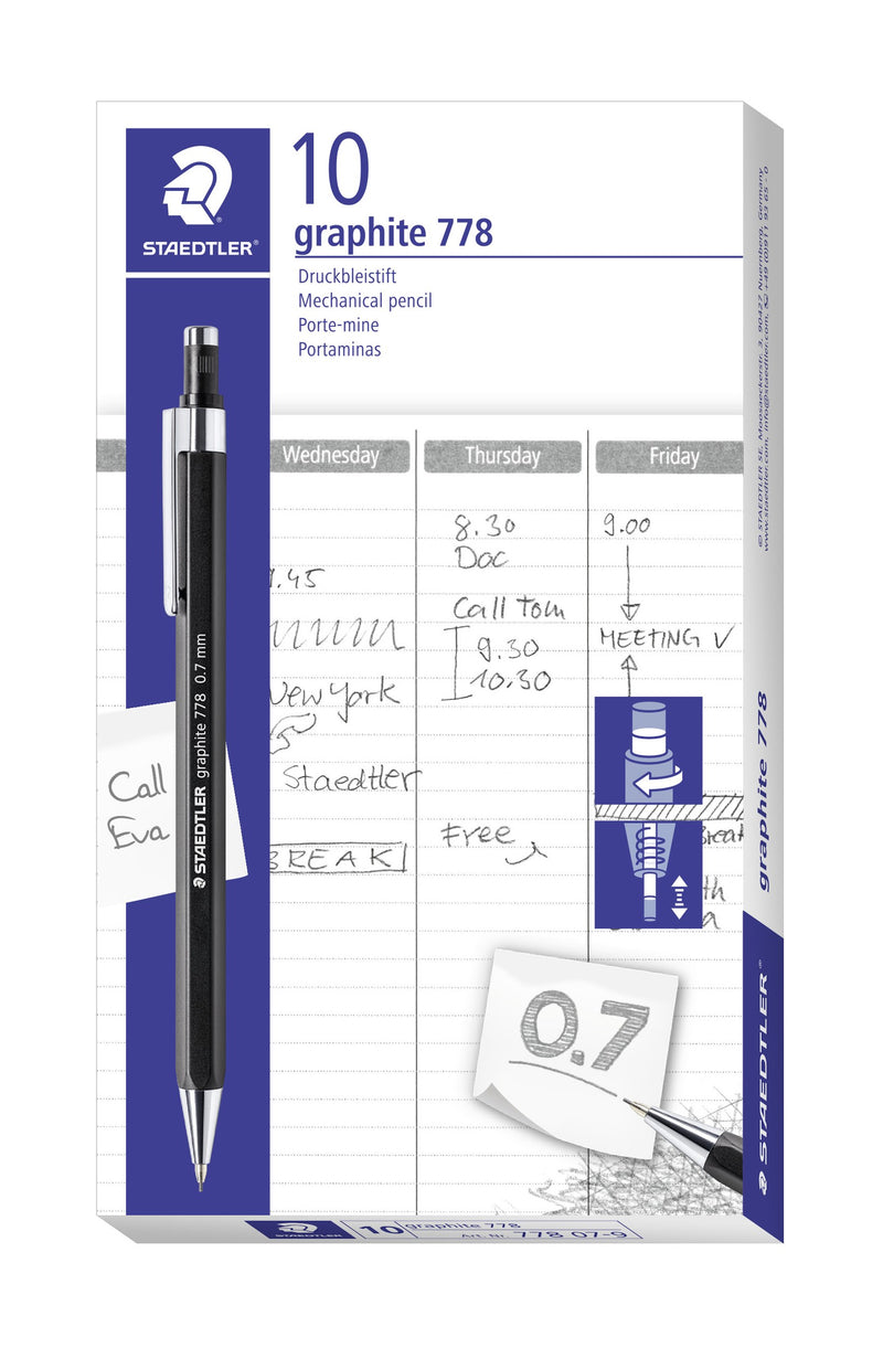 Staedtler graphite 778 box printed 10, Mechanical pencil and 0.7 on a note card, with a black pencil pictured over a weekly planner page