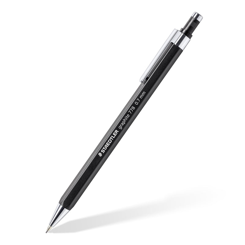 Black Staedtler graphite 778 mechanical pencil at an angle, silver metal clip and tip against a white background