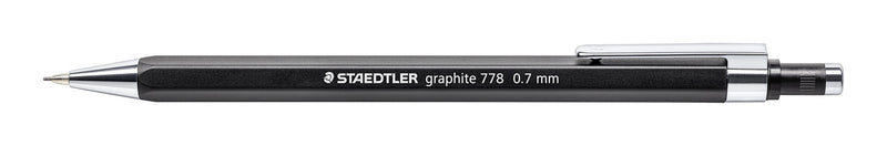 Side view of the slim black graphite 778 pencil, barrel printed STAEDTLER graphite 778 0.7 mm