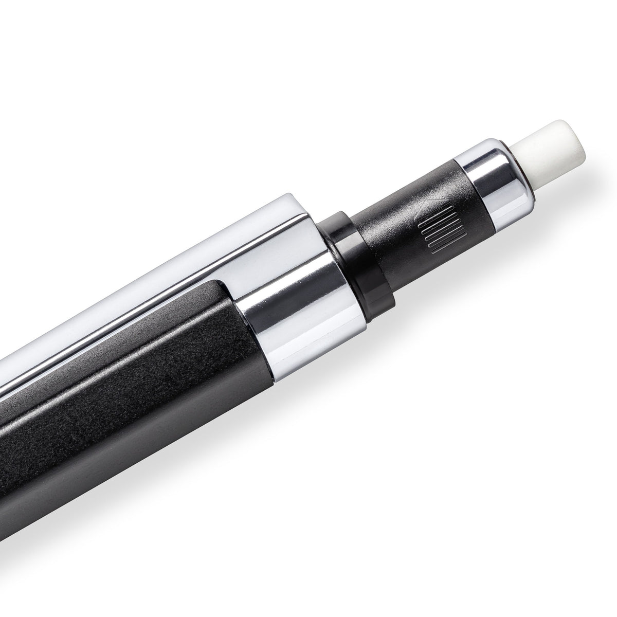 Close-up of the pusher end of a black graphite 778 with the white rotary eraser wound out