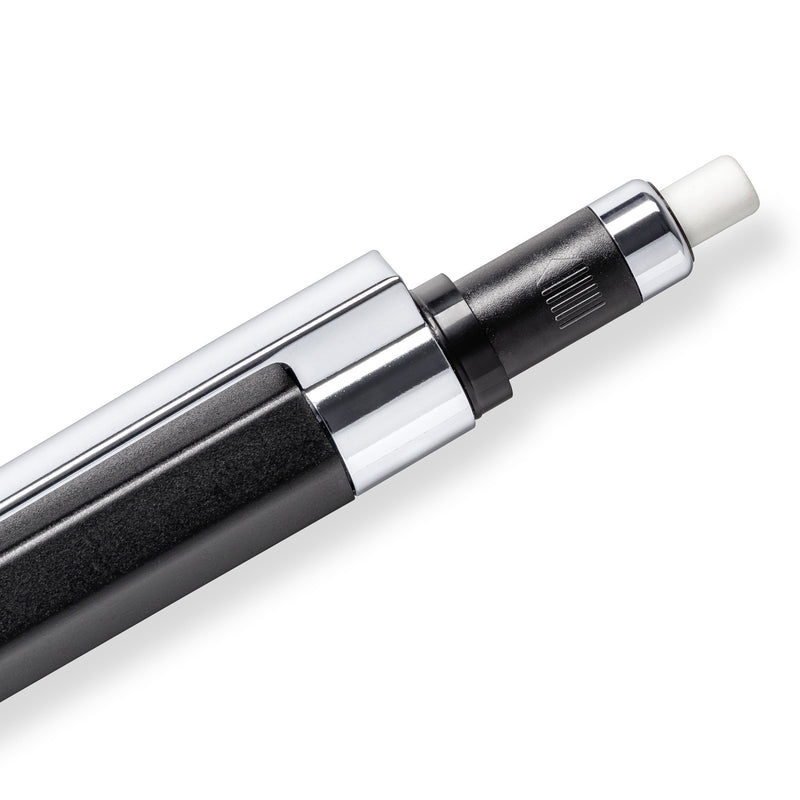 Close-up of the pusher end of a black graphite 778 with the white rotary eraser wound out
