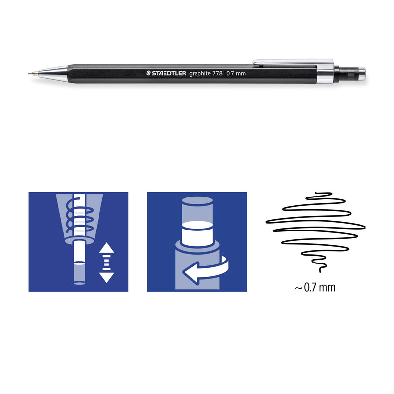 Staedtler pictograms for the graphite 778: retractable lead sleeve, twist eraser and approx. 0.7 mm line