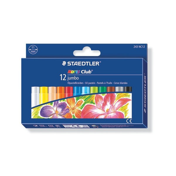 Staedtler Noris Club jumbo box of 12 oil pastels 243 NC12, blue box with a row of thick crayons above a flower painting