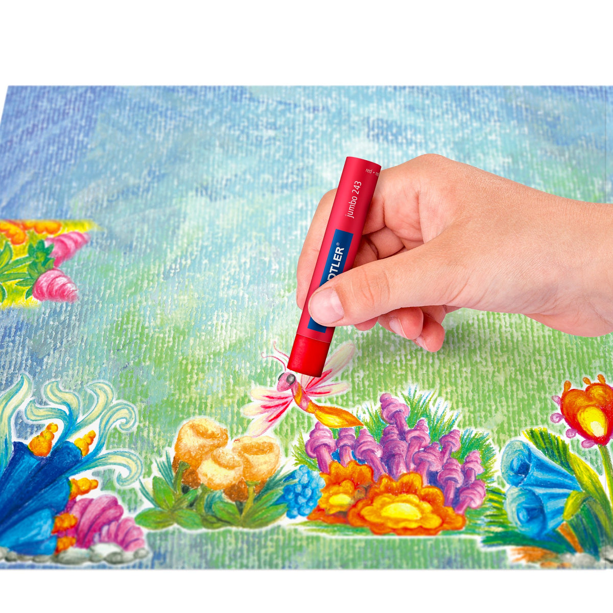 Hand adding red detail to an undersea picture with a Staedtler jumbo oil pastel