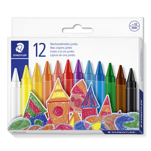 Staedtler box of 12 jumbo wax crayons, white box with a row of coloured crayons standing above a crayon drawing of a village, approx. 12 mm icon top right