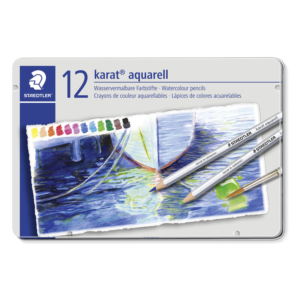 Closed Staedtler karat aquarell tin of 12 watercolour pencils, grey lid with a blue Staedtler panel and a painted boat on water