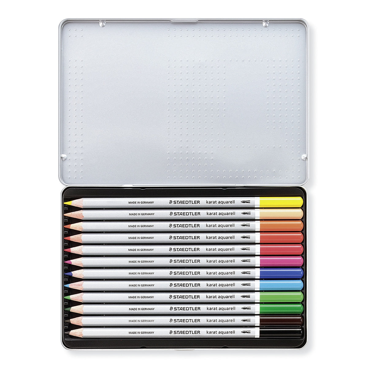 Open karat aquarell 12 tin showing twelve silver pencils with coloured end caps lying in a black insert under the lid