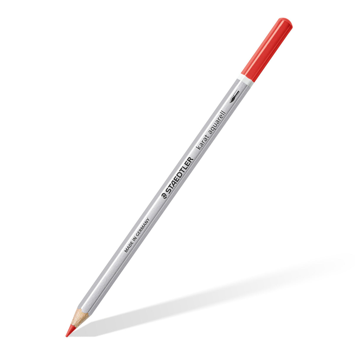 A single karat aquarell pencil with a silver hexagonal barrel, Staedtler print and red end cap, shown diagonally
