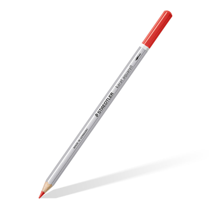 A single karat aquarell pencil with a silver hexagonal barrel, Staedtler print and red end cap, shown diagonally