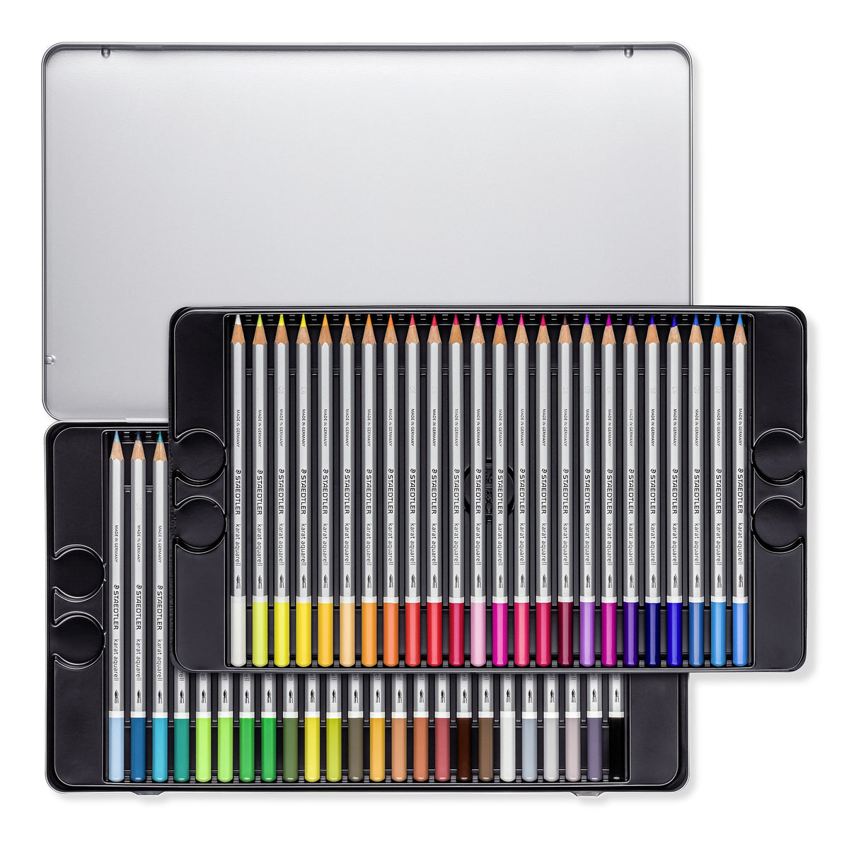 Karat aquarell 48 tin open with two black trays of silver pencils, the upper tray raised to show the lower row of colours