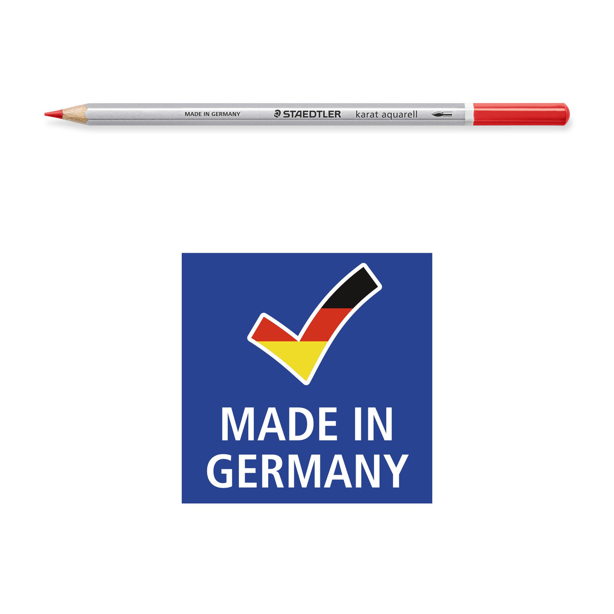 Made in Germany pictogram from Staedtler shown under a red karat aquarell pencil