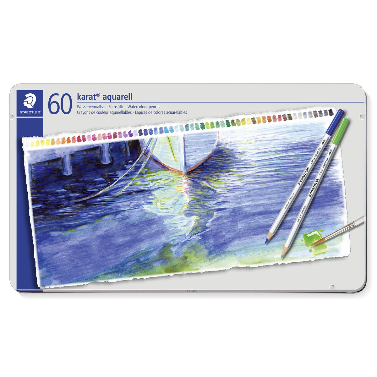 Staedtler karat aquarell 60 metal tin, closed, lid printed 60 with a painted boat and a strip of colour swatches