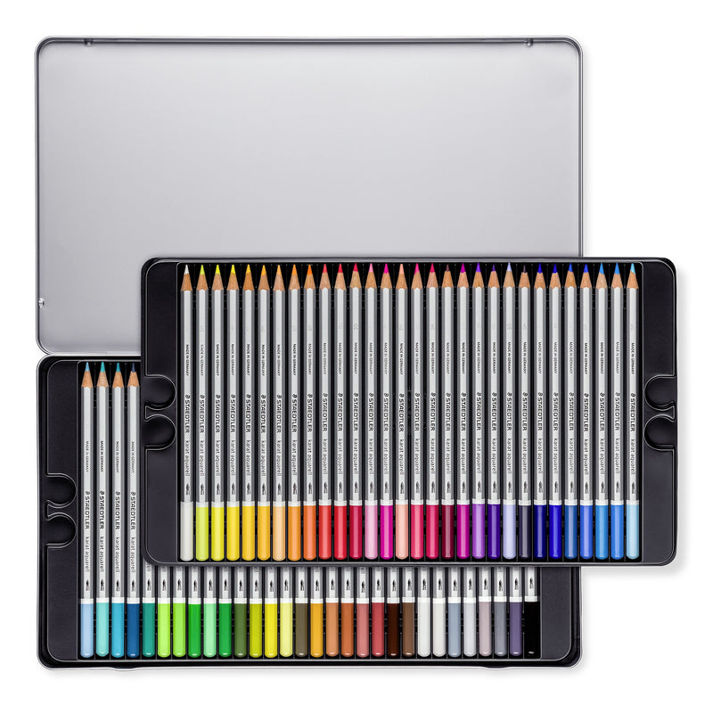 The open karat aquarell 60 tin with two black trays of silver pencils, lower tray showing light tints and greys