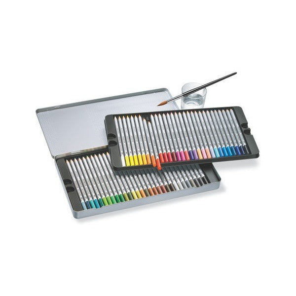 Karat aquarell 60 tin set at an angle with both trays out, a brush and a glass of water beside it