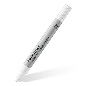 Staedtler Lumocolor chalk marker in white shown on its own at an angle, grey barrel and white cap, one of the eight in the box