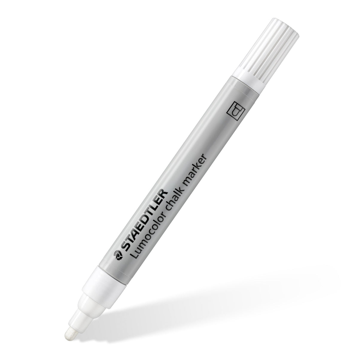 White Staedtler Lumocolor chalk marker at an angle, grey barrel printed STAEDTLER Lumocolor chalk marker with a white cap