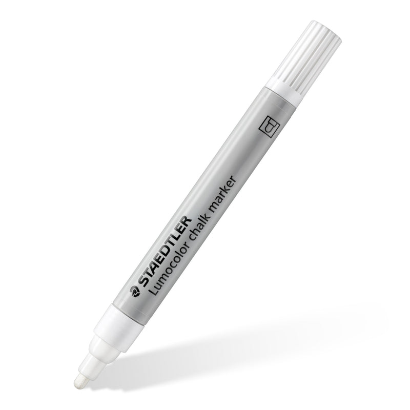 White Staedtler Lumocolor chalk marker at an angle, grey barrel printed STAEDTLER Lumocolor chalk marker with a white cap
