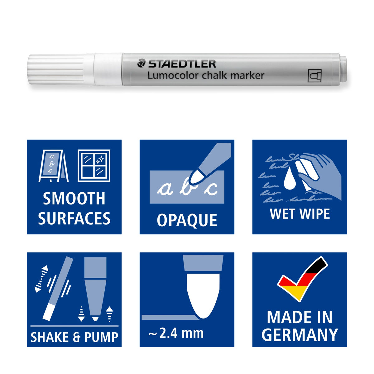 White 344 chalk marker above Staedtler icons for smooth surfaces, opaque, wet wipe, shake and pump, 2.4 mm tip and made in Germany