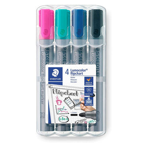 Staedtler Lumocolor flipchart 356 WP4-1 box of 4 standing upright with pink, turquoise, blue and black caps above a sketched flipchart sleeve