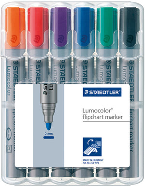 Staedtler Lumocolor flipchart 356 WP6 box of 6 in an earlier white sleeve, caps in orange, red, violet, blue, green and black