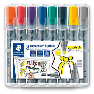 Staedtler Lumocolor flipchart 356 SWP8 stand-up box of 8 markers, sleeve with flipchart artwork and Light and shadow print, caps in eight colours