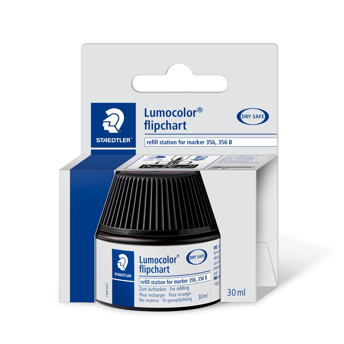 Staedtler Lumocolor flipchart 488 56-9 refill station in its light grey retail box, black capped pot with the label refill station for marker 356, 356 B and 30 ml printed on the box