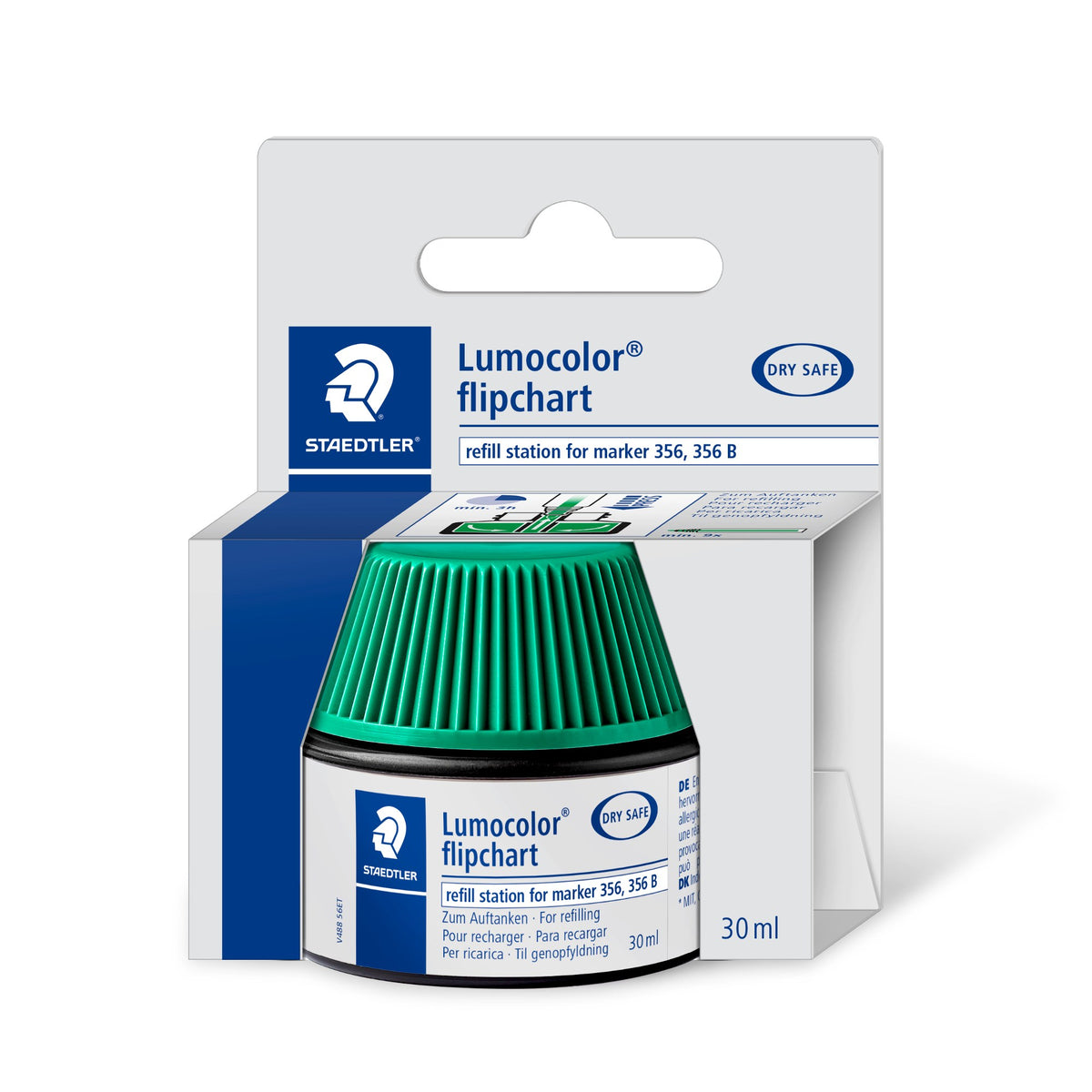 Staedtler Lumocolor flipchart 488 56-5 refill station in its light grey retail box, green capped pot with the label refill station for marker 356, 356 B and 30 ml printed on the box