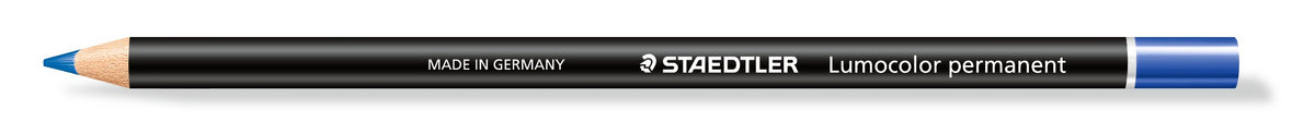 Single blue Staedtler glasochrom pencil, black wood-cased barrel printed MADE IN GERMANY STAEDTLER Lumocolor permanent, blue tip and end