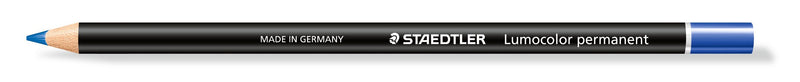 Single blue Staedtler glasochrom pencil, black wood-cased barrel printed MADE IN GERMANY STAEDTLER Lumocolor permanent, blue tip and end