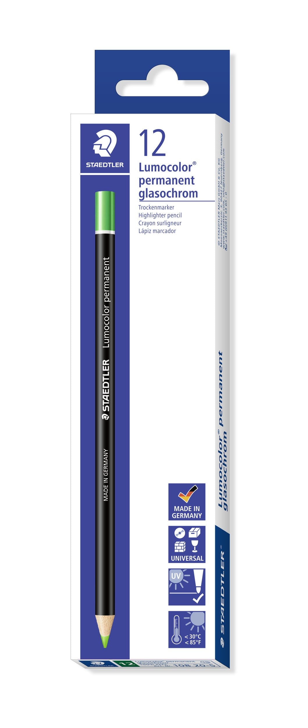 Staedtler Lumocolor permanent glasochrom box of 12 green pencils, white and blue box printed 12 with pictograms on the side panel