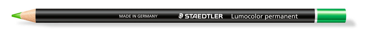 Single green Staedtler glasochrom pencil, black wood-cased barrel printed MADE IN GERMANY STAEDTLER Lumocolor permanent, green tip and end